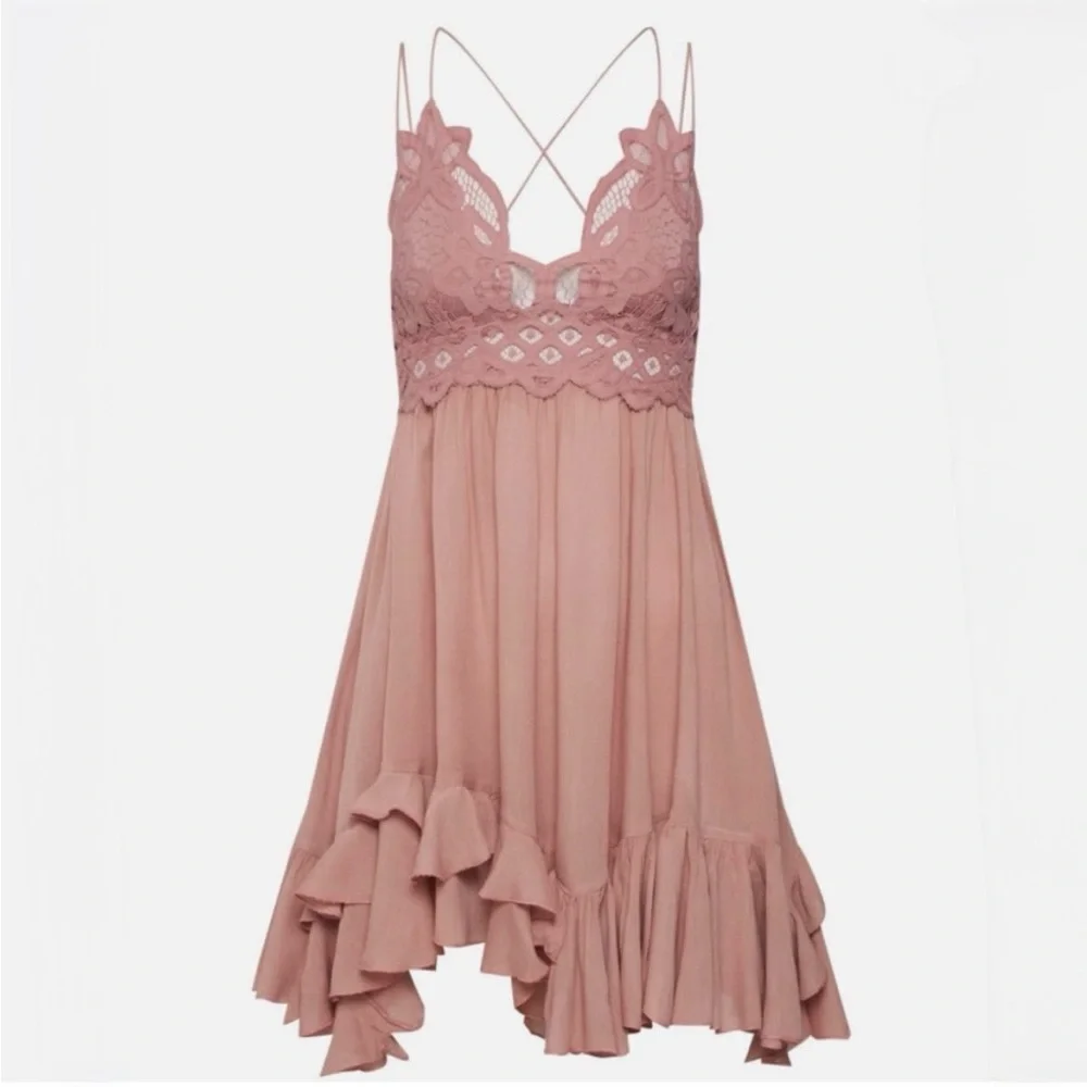 TV Famous ✵☽Free People☾✵ Crochet Ruffly Pink < Adella > Strappy Slip Dress | XS - Picture 7 of 15